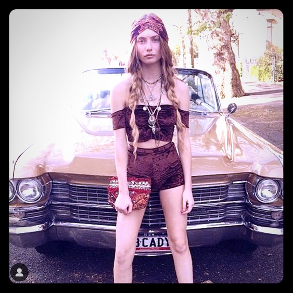 sugarhigh lovestoned Tops - Brown crushed velvet off the shoulder crop top